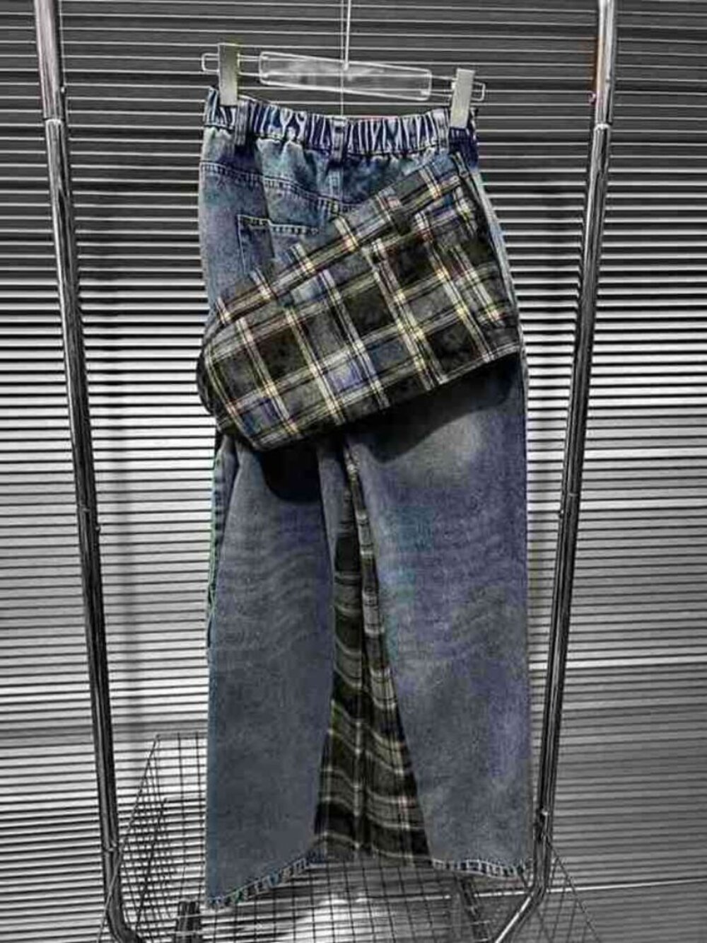 Plaid & Denim Patchwork Trousers